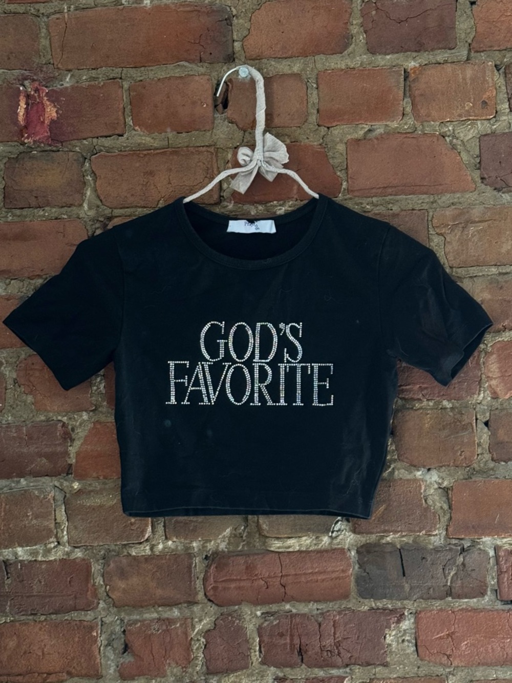 Black Rhinestone 'GOD'S FAVORITE' Cropped Tee - Women's